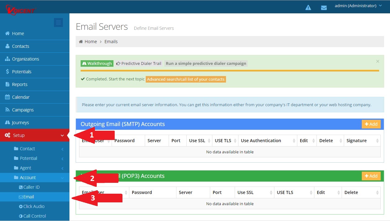 Voicent Broadcast By Email Setup Page